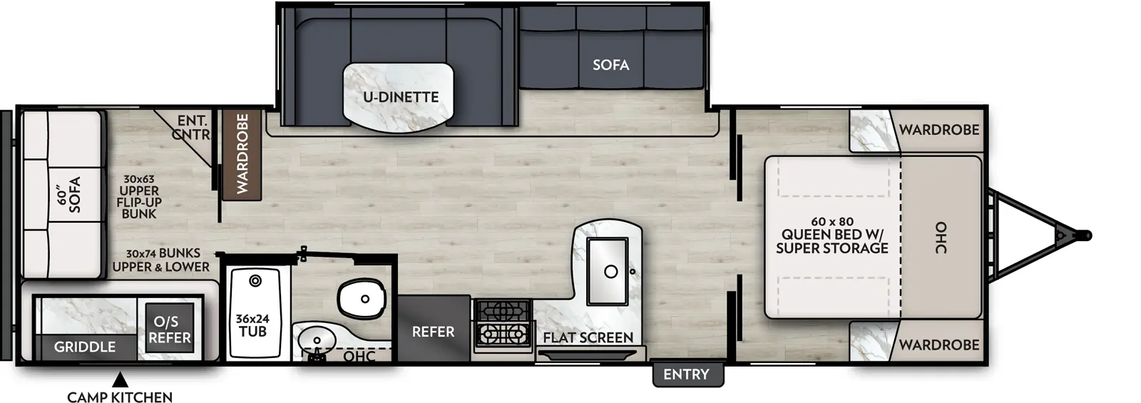 The Apex Ultra-Lite 291TBSS floorplan has one entry and one slide out. Exterior features include: fiberglass exterior, 18' awning and outside kitchen. Interiors features include: bunk beds, u-dinette and front bedroom.